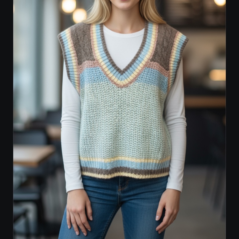 Pol Multicolor Sweater Vest Oversized blue mauve brown cream multi patterns - Picture 3 of 12
